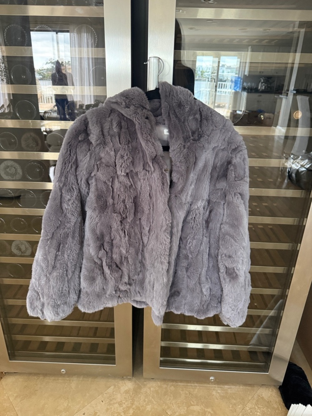 Heartloom Plush Faux Fur Hooded Bomber Jacket - Gray